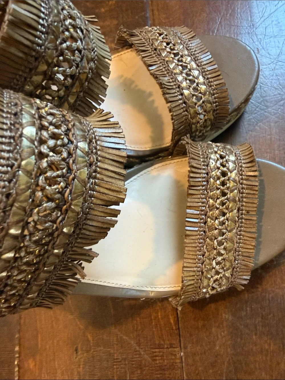 Vince Camuto Tan Braided Fringe Wedge Sandals